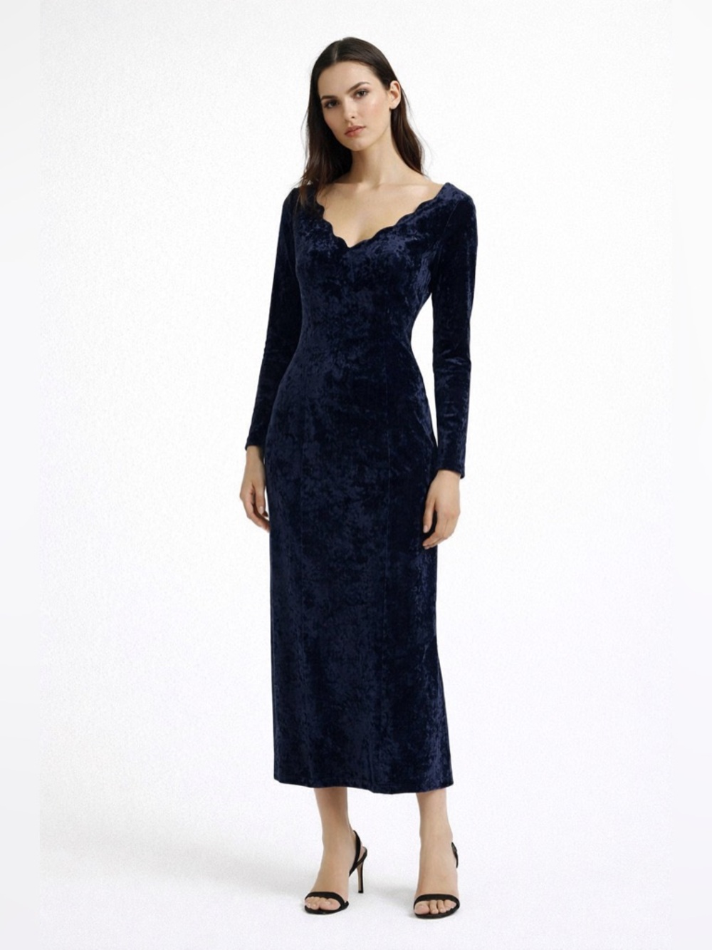Vintage 90s Navy Velvet Maxi Dress Scalloped Neckline Bodycon S/M